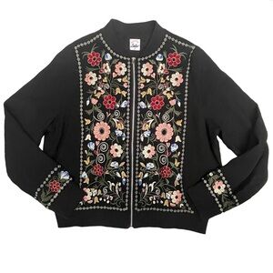 Selfie Leslie Cardigan Womens Medium Black Embroidered Sweater Bohemian Full Zip